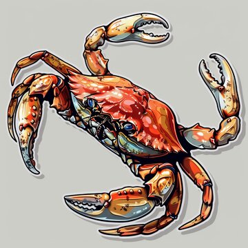 A watercolor painting of a blue crab with its claws up in a defensive position.