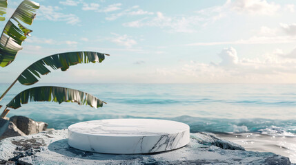 Picture your products on display against the backdrop of a serene sea view and a sophisticated white marble podium. 