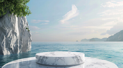 Picture your products on display against the backdrop of a serene sea view and a sophisticated white marble podium. 