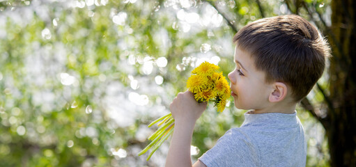 Funny baby sniffs a dandelion. Spring in nature. Allergy to flowering. pollinosis Allergy to pollen.