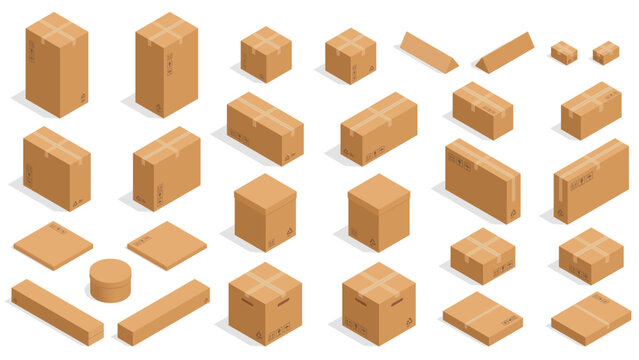 Isometric cardboard boxes. Vector square and rectangular packaging cardboard containers for delivery, shipping and storage. Flat simple shapes. Transportation of fragile products in packing