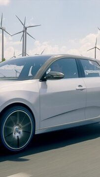 Generic autonomous electric car driving through a vibrant green landscape with solar panels and wind turbines in background. Green energy concept. Realistic high quality 3d animation. Vertical Video