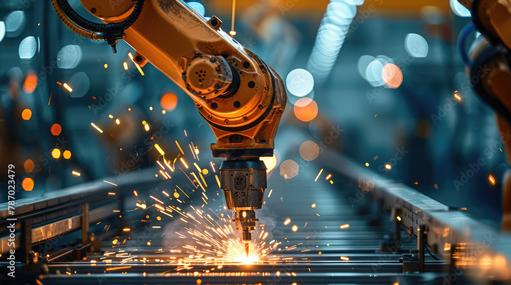 Poster industrial robots welding with sparks, depicting advanced manufacturing automation, high resolution,