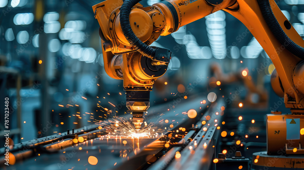 Poster industrial robots welding with sparks, depicting advanced manufacturing automation, high resolution,