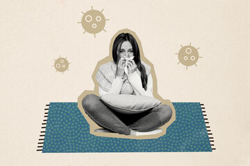Composite photo collage of sad girl girl sit quarantine covid virus flu sneeze fever napkin scarf...