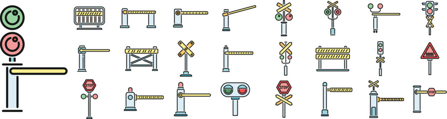 Railroad barrier icons set outline vector. Crossing railway. Sign barrier thin line color flat on white