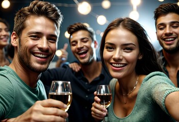 close-up of a man and a woman at a party, smiling, toasting, surrounded by friends.