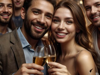 close-up of a man and a woman at a party, smiling, toasting, surrounded by friends.
