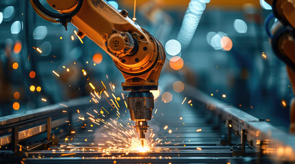 Industrial robots welding with sparks, depicting advanced manufacturing automation, high resolution, sharp details. Generative AI.