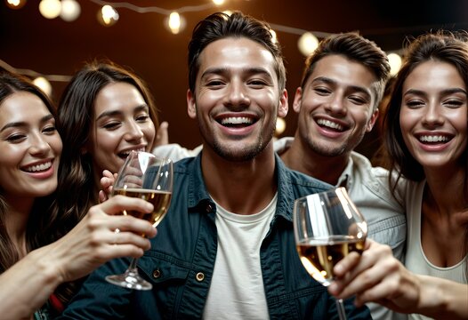 close-up of a man at a party, smiling, toasting, surrounded by friends.