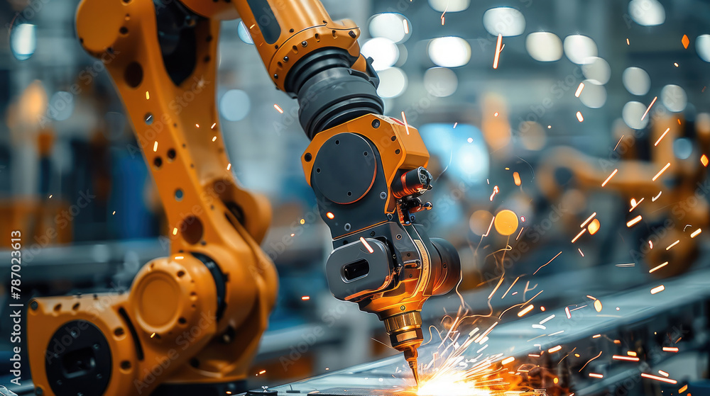 Poster industrial robots welding with sparks, depicting advanced manufacturing automation, high resolution,
