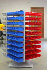 Blue and Red Plastic Trays for Small Parts Storage Workshop