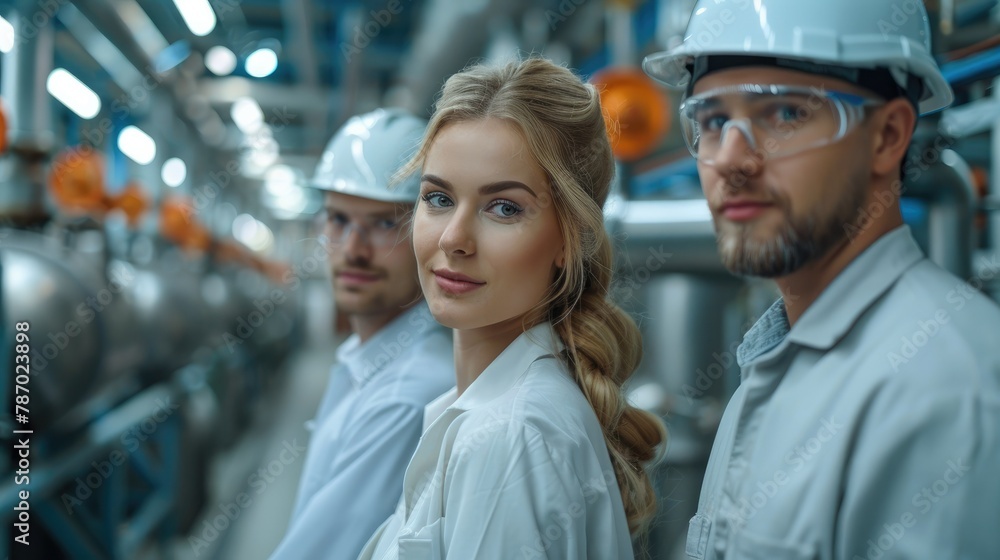 Poster portrait of three colleagues in a laboratory of a cement production company. generative ai.