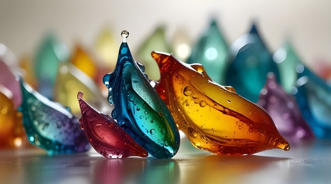 Abstract art design background of colorful glass drop dragon tears on a light neutral background.generative.ai