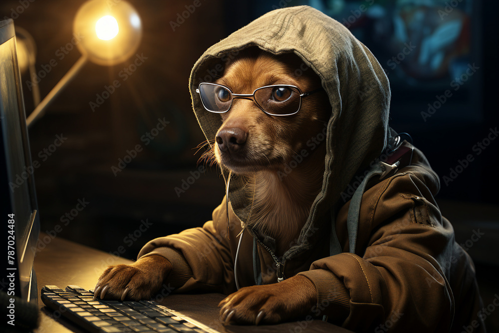 Poster generative ai image of funny gamer in headphones and playing online game on pc computer