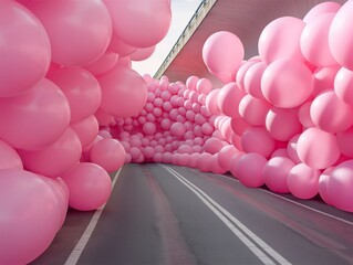 Road engulfed by a sea of pink balloons. Surreal landscape concept with playful and whimsical vibes. Unique scene for events and celebrations.