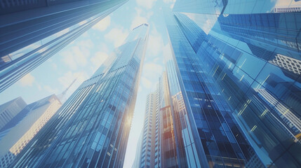 Soar above the bustling metropolis with an array of reflective skyscraper business office...