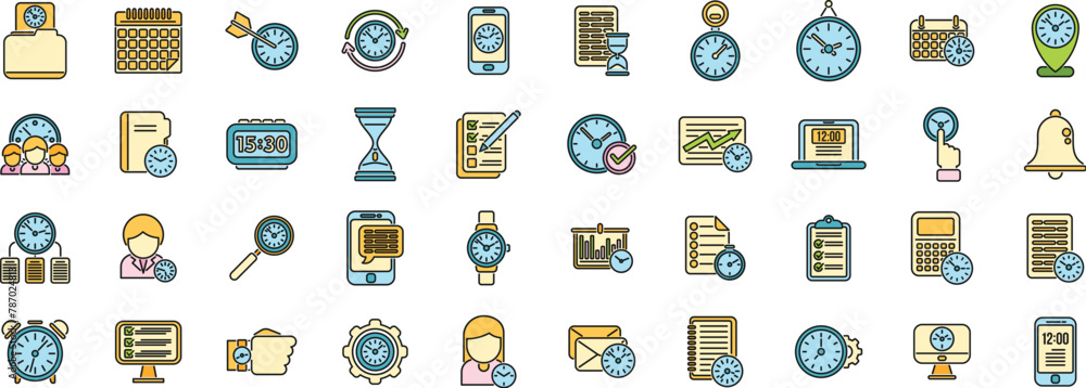 Aufkleber time management icons set outline vector. calendar hour. alarm clock thin line color flat on white