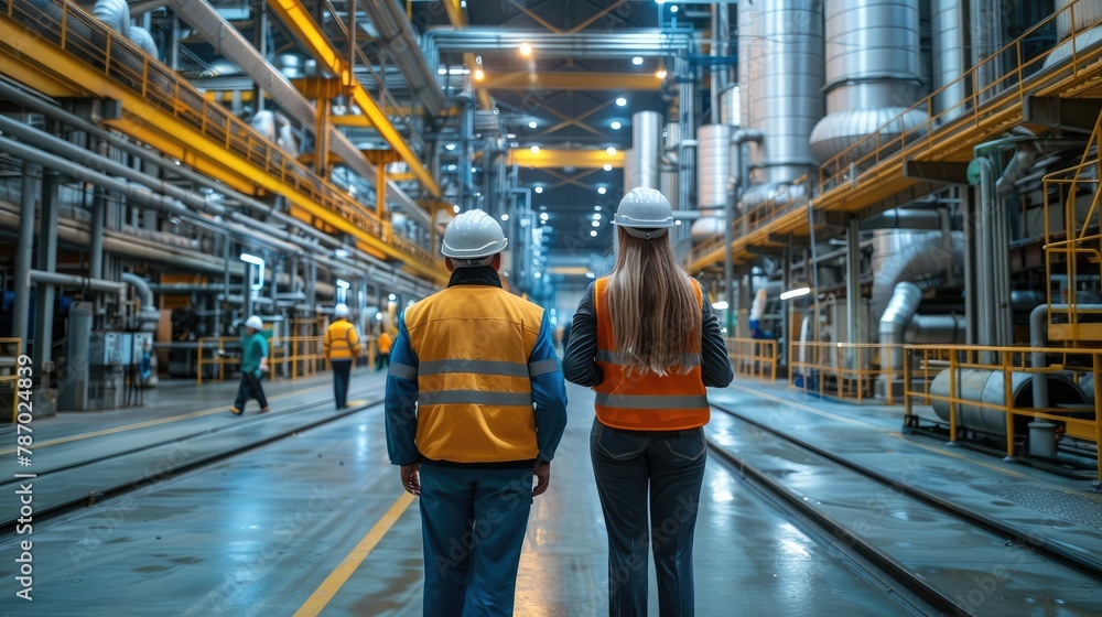 Poster Workers and consultants in a modern factory doing industrial asset management. Generative AI.