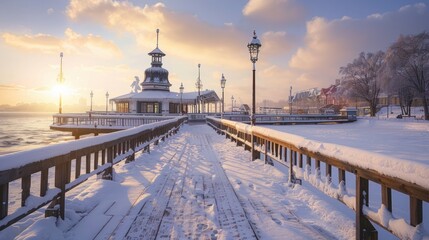 Snow covered pier in Sopot. Winter landscape. Poland - obrazy, fototapety, plakaty