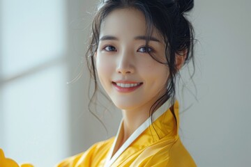 A lively portrait of a Korean girl in a bright yellow K-pop outfit, her straight hair pulled back in a tight ponytail, smiling brightly against a clean white background - obrazy, fototapety, plakaty