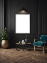 Blank poster frame mockup on a transparent background in modern interior room design. 3D render. design scene with a frame. Generative ai