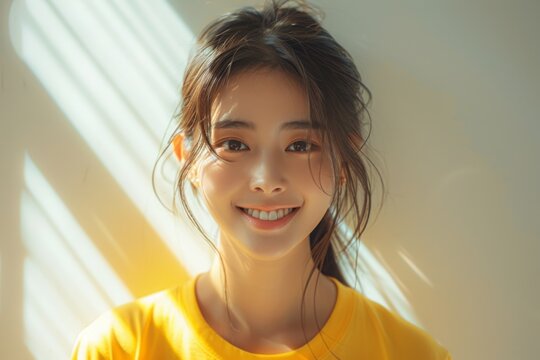A lively portrait of a Korean girl in a bright yellow K-pop outfit, her straight hair pulled back in a tight ponytail, smiling brightly against a clean white background