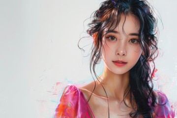 A vibrant portrait of a Korean girl with her hair in a simple updo, wearing a bright fuchsia K-pop dress, her lively smile set against a pure white background - obrazy, fototapety, plakaty