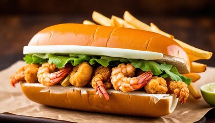 Po boy sandwich with fried shrimp and fries