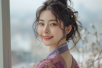 A trendy studio portrait of a Korean girl with a beaming smile, her hair secured in a modern half-bun, dressed in a chic plum-colored K-pop dress against a white backdrop