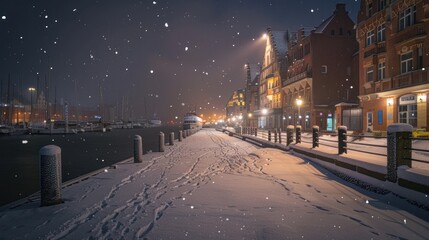 Snowy night at the Baltic Sea pier in Gdansk, Poland - obrazy, fototapety, plakaty