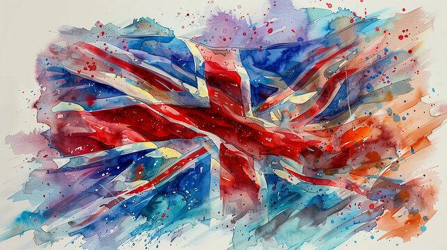 watercolour abstract union jack, united kingdom flag on white background