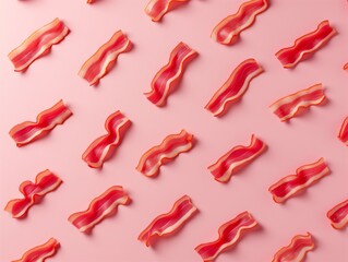 Pattern of Sliced Bacon on a Pastel Pink Background for Culinary Concepts