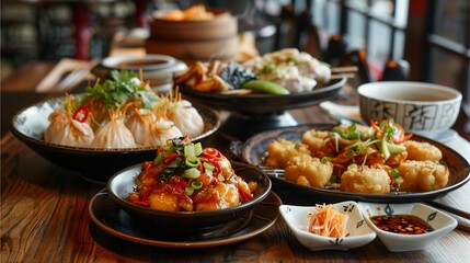 Obraz premium Thai food on table in restaurant, on plate; with salad, meat, fish; for lunch, dinner; buffet; dining event; appetizing; seafood; social gathering; fresh