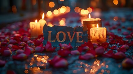 a LOVE printed banner against a backdrop of soft candlelight and rose petals, radiating warmth and romance, in stunning 8k full ultra HD resolution.