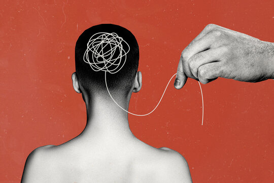 Composite photo collage of hand hold string human brain process mind puppet psychotherapy help mess treatment isolated on painted background