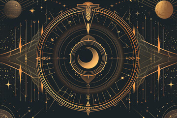graphic flat illustration. mystical abstract poster in minimalist style. gold and dark brown. Astrology, esoterics, fortune telling concept. stylish element for interior design. - obrazy, fototapety, plakaty