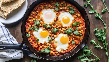 Shakshuka with chickpeas in a cast iron skillet