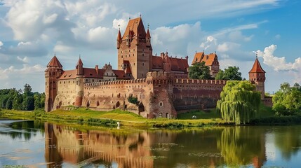 The Castle of the Teutonic Order in Malbork by the Nogat river. Poland - obrazy, fototapety, plakaty