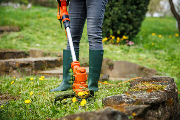 Grass trimmer. Woman gardener is cutting grass next stone wall in garden. Lawn care