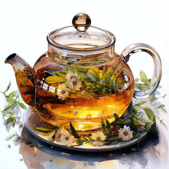 Watercolor transparent teapot with loose leaf tea, generative AI