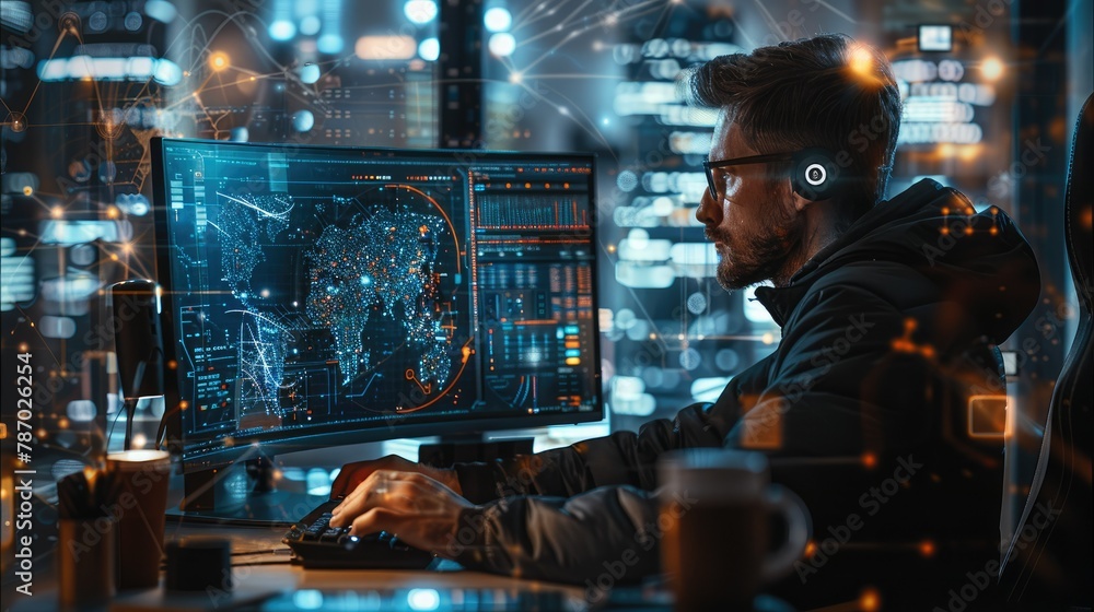 Poster A man working on a futuristic computer in a home office. In the background there several different layers of information that look like AI processes running with a lot of data. Generative AI.