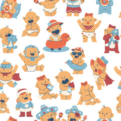 Cute baby girl and boy vector cartoon seamless pattern background for wallpaper, wrapping, packing, and backdrop.