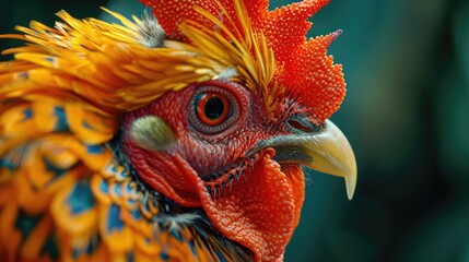 Portrait of a rooster in a cage - obrazy, fototapety, plakaty