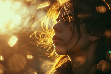 Captivating portrait of a woman basked in golden bokeh lights, giving an ethereal and dreamy atmosphere.

