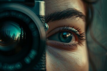 Close-up of a young woman's eye reflected in the lens, symbolizing perception and the art of photography.

