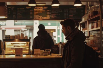 Customer waiting at a cozy, dimly-lit coffee shop counter, anticipating a warm beverage on a cold evening.

