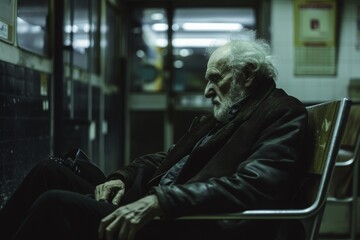 Pensive senior man in a dark subway station, reflecting on life's journey amidst urban solitude.

