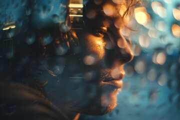 A portrait of a man in contemplation, viewed through a rain-soaked window, a metaphor for the introspection and depth of the human spirit amidst life's storms.

