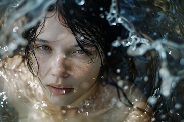 Underwater ethereal portrait of a woman, her face partially veiled by water, creating a surreal effect of floating in a serene, otherworldly realm.

